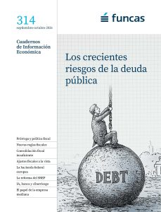 Portada de la revista Cuadernos de Información Económica nº 314 (septiembre-octubre de 2026), titulada «Los crecientes riesgos de la deuda pública». Ilustración de una persona encaramada a una cadena sobre una gran bola marcada con la palabra «DEBT», en referencia al peso y los riesgos de la deuda pública.