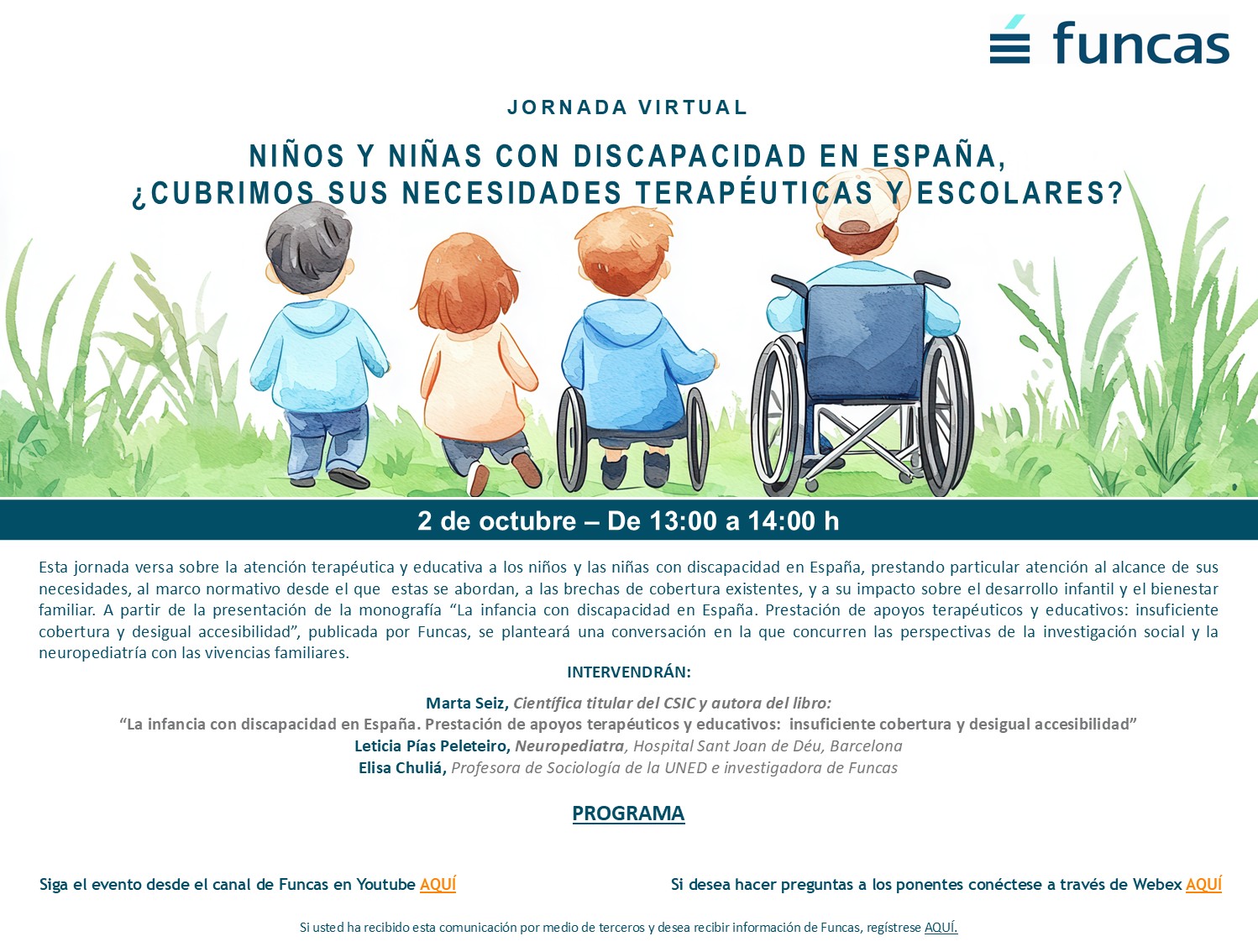 Niños y niñas con discapacidad en España participando en actividades al aire libre, incluyendo dos menores usuarios de silla de ruedas, en una ilustración que acompaña la jornada virtual sobre necesidades terapéuticas y educativas, cobertura de apoyos y accesibilidad.