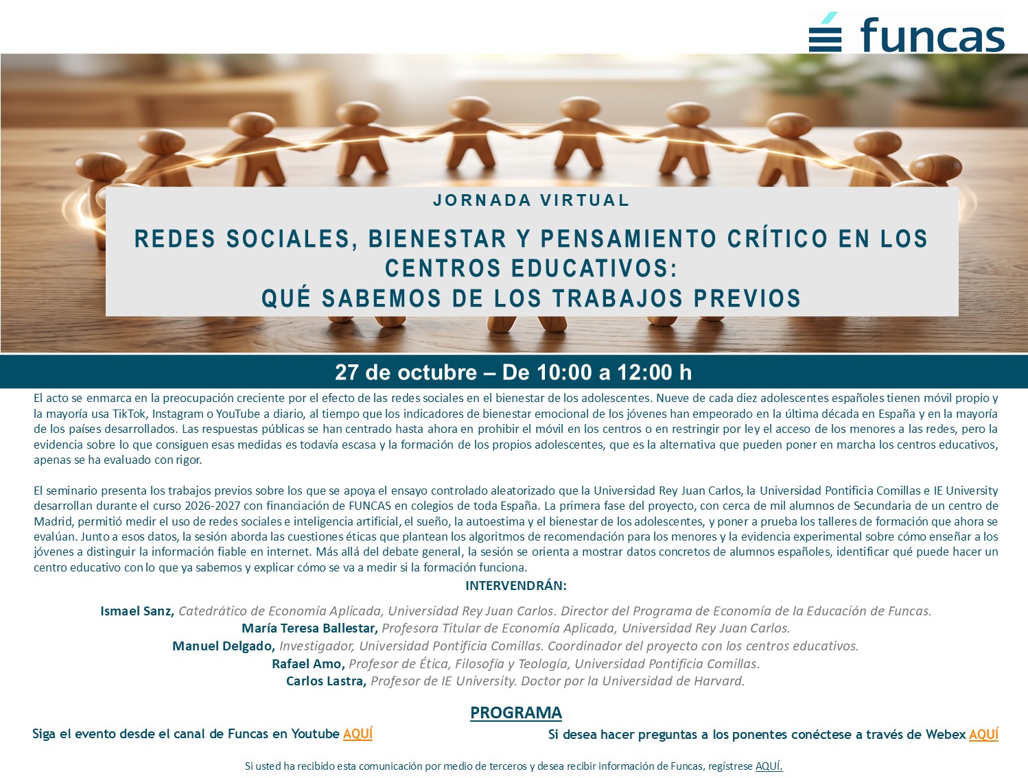 Invitación a la jornada virtual de Funcas «Redes sociales, bienestar y pensamiento crítico en los centros educativos: qué sabemos de los trabajos previos», el 27 de octubre de 10:00 a 12:00 h.