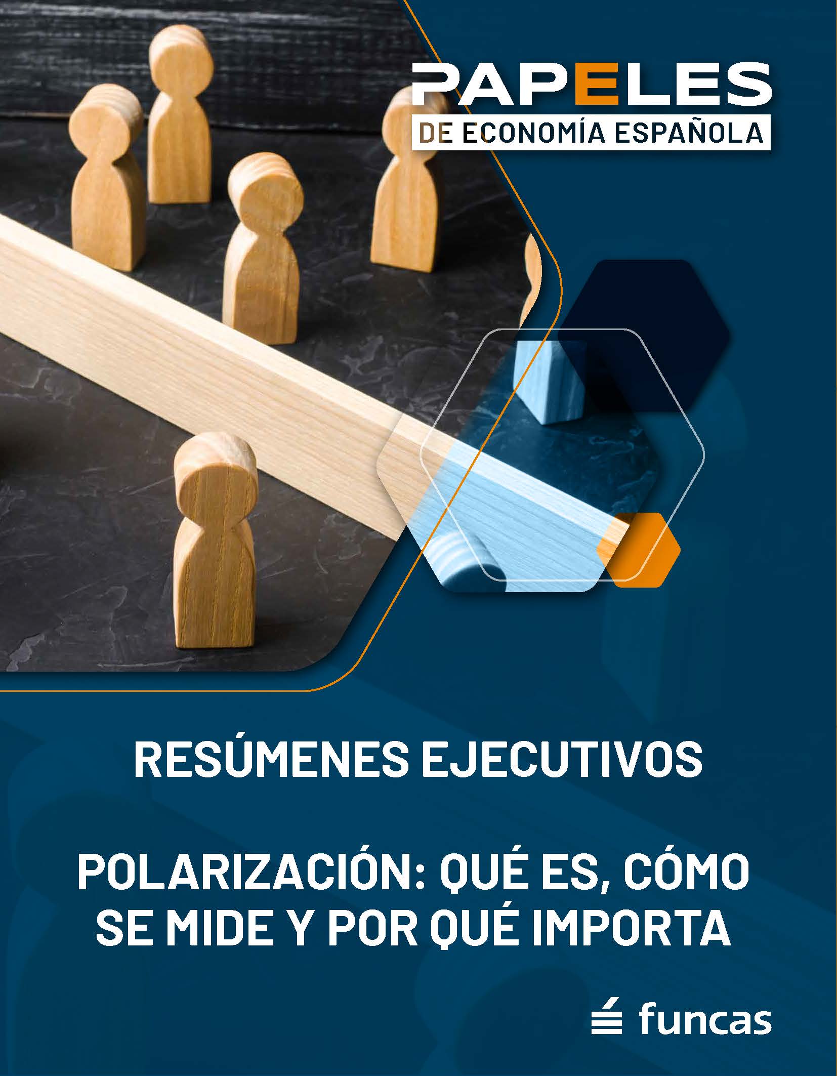 Figuras de madera separadas por una barrera sobre una superficie oscura, representación visual de la polarización social. Portada del resumen ejecutivo "Polarización: qué es, cómo se mide y por qué importa" de Papeles de Economía Española 189.