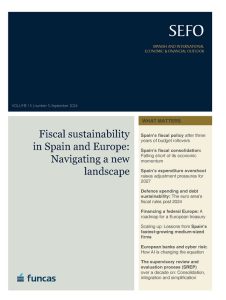 Portada de SEFO (Spanish and International Economic & Financial Outlook), volumen 15, número 5, septiembre de 2026. La portada presenta el título principal “Fiscal sustainability in Spain and Europe: Navigating a new landscape” sobre un diseño minimalista en tonos azul marino y gris. En el lateral derecho aparece un resumen de contenidos relacionados con política fiscal, consolidación presupuestaria, gasto en defensa, financiación europea, empresas de alto crecimiento, riesgos cibernéticos y supervisión bancaria.